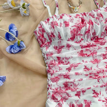 Load image into Gallery viewer, Boho Floral Spaghetti Strap Mini Dress – Ruched Ruffle Hem Vacation Sundress
