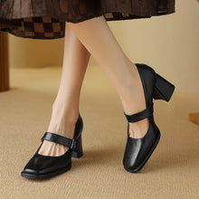 Load image into Gallery viewer, Women's Sheepskin Mary Jane Heels – Square Toe Chunky Heel Buckle Pumps
