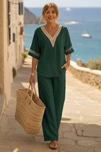 Load image into Gallery viewer, Women's Embroidered V-Neck Top &amp; Wide-Leg Pants Set | Two-Piece Outfit

