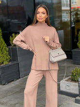Load image into Gallery viewer, Women's Fine-Knit Mock-Neck Oversized Tunic Top &amp; Wide-Leg Trouser Set
