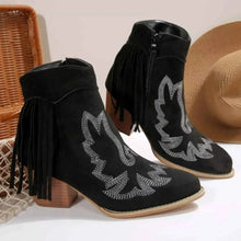 Load image into Gallery viewer, Western Fringe Point Toe : Block Ankle Heel Boots
