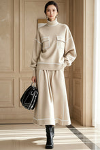 Load image into Gallery viewer, Women's Turtleneck Balloon-Sleeve Knit Top &amp; A-Line Midi Skirt Set with Contrast Topstitching
