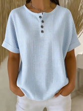 Load image into Gallery viewer, Women's Striped T-Shirt – V-Neck, Button Detail, Loose Fit

