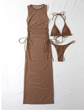 Load image into Gallery viewer, Women's Solid Color Three-Piece Bikini Set with Maxi Dress Cover-Up
