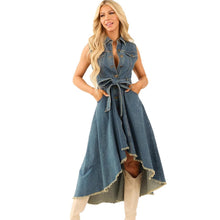Load image into Gallery viewer, Women's Sleeveless Denim Midi Dress – Irregular Hem Button-Front
