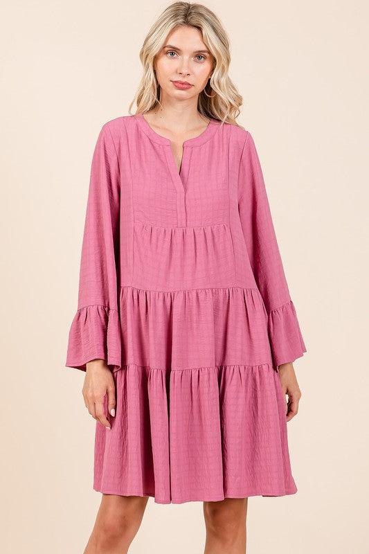 Tiered Notched Flare Sleeve Dress – Fluttering, Playful and Stylish Dress with Ruffled Layers and Trendy Flare Sleeves