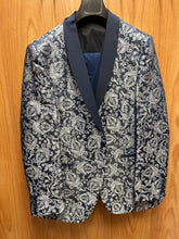 Load image into Gallery viewer, Moda Color Exclusive Navy with Silver Floral/Brocade Print 1-Button 3-Piece Turkish Slim Fit Suit
