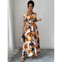 Load image into Gallery viewer, Women’s Printed Puff Sleeve Dress – Blouse Collar Cross-Tie Waist Style
