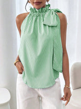Load image into Gallery viewer, Women's Striped Sleeveless Top – Ruffle High Neck Lace Trim Tie-Knot Bow Blouse
