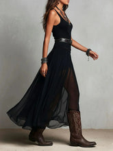 Load image into Gallery viewer, Black Mesh Strap Maxi Dress – V-Neck Pleated Long Dress
