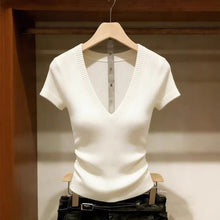 Load image into Gallery viewer, Solid Color Ice Silk Knit Top for Women – Slim-Fit Short Sleeve Elegant Commuter Top
