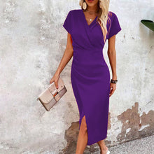 Load image into Gallery viewer, Split V-Neck Bodycon Dress – Slim Fit Short Sleeve Slit Dress
