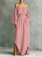 Load image into Gallery viewer, Off-Shoulder Top &amp; Asymmetrical Maxi Skirt Set – Women's 2-Piece Outfit
