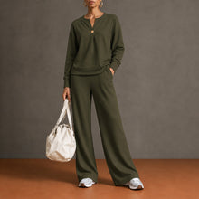 Load image into Gallery viewer, Women's Single-Button Split-Neck Sweatshirt &amp; Wide-Leg Pants Set
