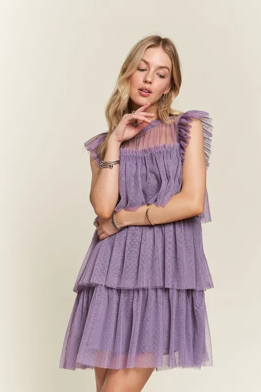 Layered Ruffled Cap Sleeve Mesh Dress For Women – Romantic Mesh Dress with Lace & Ruffled Layers for Elegant Parties & Special Events