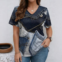Load image into Gallery viewer, V-Neck Denim Print Short Sleeve T-Shirt | Loose Casual Tee
