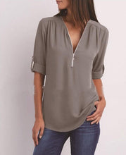 Load image into Gallery viewer, Women's Short-Sleeve Zip V-Neck Loose Top
