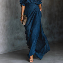 Load image into Gallery viewer, Women's Two-Piece Pleated Shirt &amp; Draped Wrap Maxi Skirt Set – Long Sleeve Button Top

