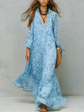 Load image into Gallery viewer, Women's Leopard Print Chiffon Deep V-Neck Flared Maxi Dress | Three-Quarter Sleeve Beach Vacation Dress
