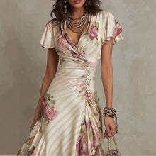 Load image into Gallery viewer, Ruffled Hem Maxi Dress – V-Neck Satin A-Line Color Block Dress
