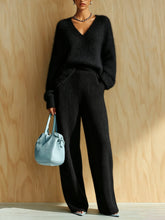 Load image into Gallery viewer, Women's Fluffy V-Neck Oversized Sweater &amp; Wide-Rib Wide-Leg Knit Trouser Set
