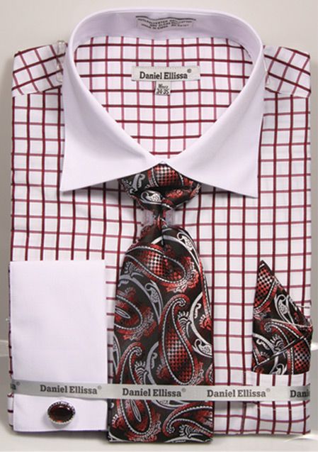 Daniel Ellissa Men's French Cuff Shirt Set - Two Tone Checker | DS3789P2 Burgundy