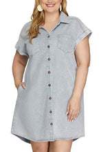 Load image into Gallery viewer, Blue Grey Full Size Folded Cuff Button-Down Shirt Dress Plus Size Casual Simple Women Dress
