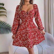 Load image into Gallery viewer, Fashion Floral Print Lantern Sleeve Dress Casual Sexy Tie Square Neck Long Sleeve A-Line Dress Women's Clothing
