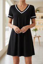 Load image into Gallery viewer, Women's Contrast-Color V-Neck A-Line Dress – Short Sleeve, Elegant, Mid-Rise
