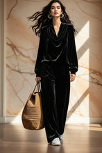 Load image into Gallery viewer, Women's Gold Velvet Cowl Neck Drop-Shoulder Top &amp; Wide-Leg Pants Set – 8 Colors
