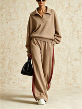 Load image into Gallery viewer, Women's Polo-Collar Oversized Sweatshirt &amp; Side-Stripe Wide-Leg Pants Set
