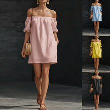 Load image into Gallery viewer, Women's Cotton-Linen Off-Shoulder Puff-Sleeve Loose Mini Dress
