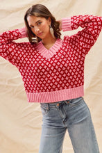 Load image into Gallery viewer, SO ME Color Block Textured Christmas Sweater V Neck Top
