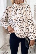 Load image into Gallery viewer, White Leopard Print Puff Sleeve Mock Neck Pleated Blouse
