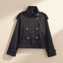 Load image into Gallery viewer, Women's Notch-Collar Short Trench Coat with Belt Buckle Detail

