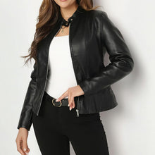 Load image into Gallery viewer, Women's Solid Color Long Sleeve Stand Collar Faux Leather Blazer
