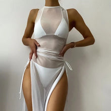 Load image into Gallery viewer, Women's Solid Color Three-Piece Bikini Set with Maxi Dress Cover-Up
