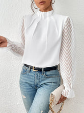 Load image into Gallery viewer, Women's Mock Neck Chiffon Blouse – Wave Pattern Sheer Long Sleeve with Ruffle Cuffs
