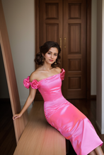 Load image into Gallery viewer, 3D floral sleeves Off the shoulder ankle length sheath silky satin prom dress
