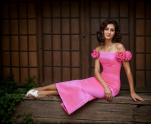 Load image into Gallery viewer, 3D floral sleeves Off the shoulder ankle length sheath silky satin prom dress
