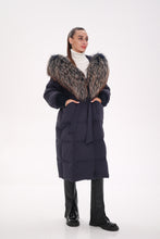 Load image into Gallery viewer, Rei Genuine Fur Trim Hooded Down Coat in Navy
