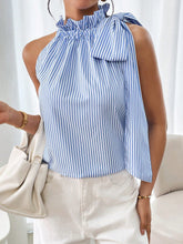 Load image into Gallery viewer, Women's Striped Sleeveless Top – Ruffle High Neck Lace Trim Tie-Knot Bow Blouse
