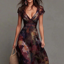 Load image into Gallery viewer, Women's Deep V-Neck Painted Print Chiffon Maxi Dress | Fitted Waist Flowy A-Line Dress
