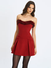 Load image into Gallery viewer, Nalia Crimson Fur Trimmed Sweetheart Mini Dress
