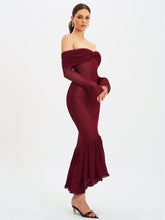 Load image into Gallery viewer, Kaedyn Burgundy Off Shoulder Long Sleeve Crochet Mermaid Maxi Dress
