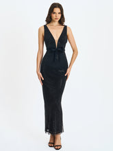Load image into Gallery viewer, Olympia Black Belted Bow Plunging Rhinestone Maxi Dress
