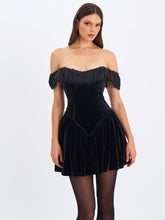 Load image into Gallery viewer, Daisha Black Lace Trimmed Off-Shoulder Ruched Mini Dress
