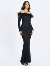 Load image into Gallery viewer, Emberly Black Fur Trimmed Off-Shoulder Rhinestone Mermaid Maxi Dress
