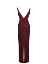 Load image into Gallery viewer, Elora Crimson Sequin Beaded Keyhole Maxi Dress
