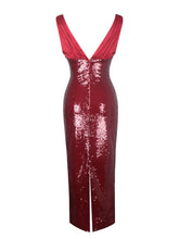 Load image into Gallery viewer, Shanelle Crimson Sequin Plunging Midi Dress
